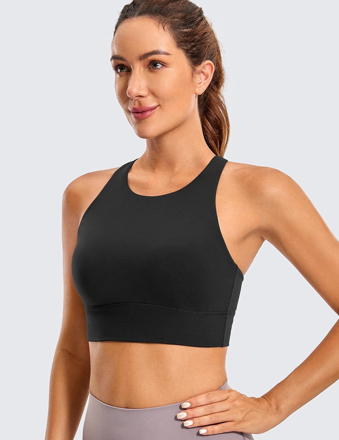 imageCRZ YOGA Womens Butterluxe Strappy High Neck Longline Sports Bra Wireless Criss Cross Back Padded Workout Cropped TopBlack