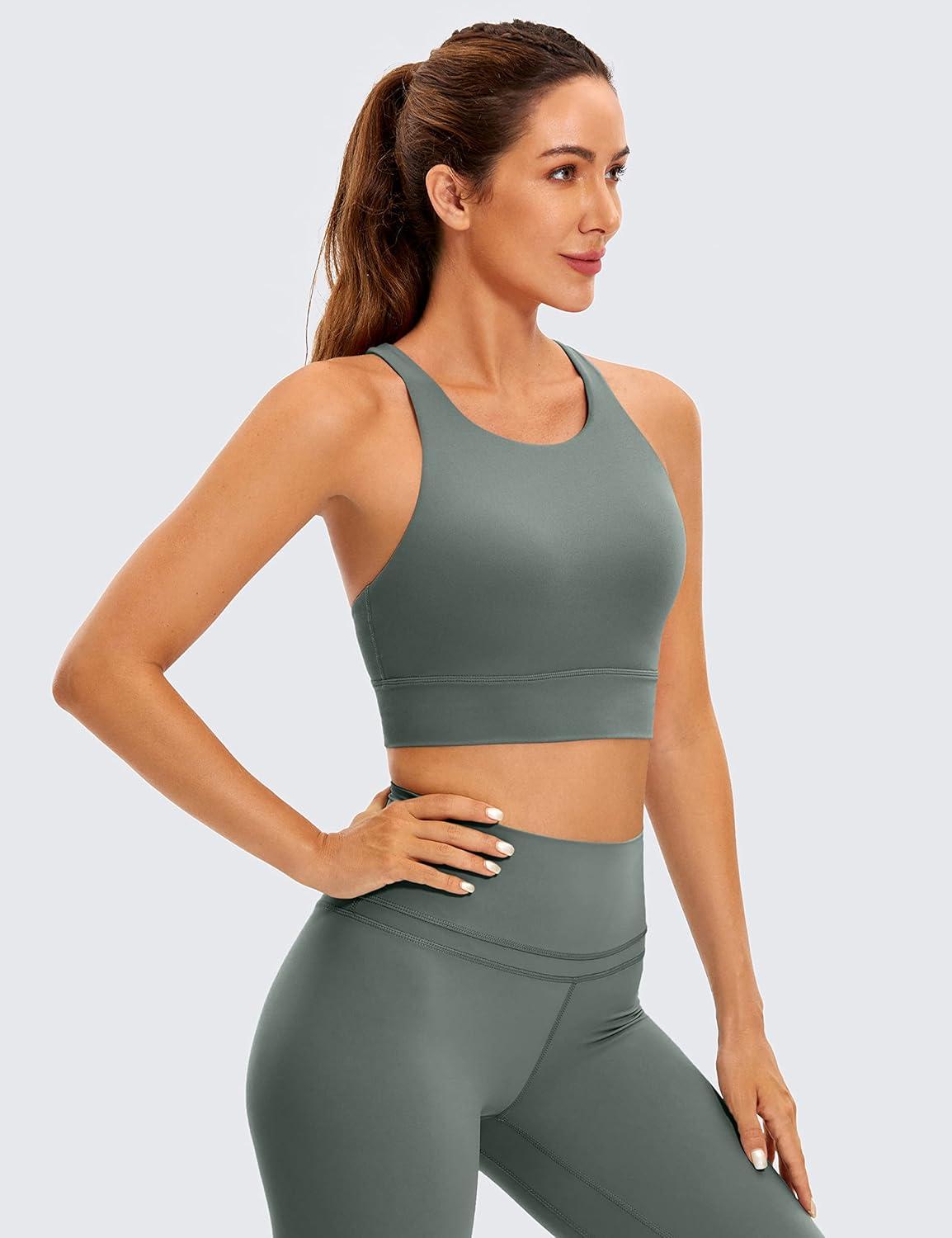 imageCRZ YOGA Womens Butterluxe Strappy High Neck Longline Sports Bra Wireless Criss Cross Back Padded Workout Cropped TopGrey Sage