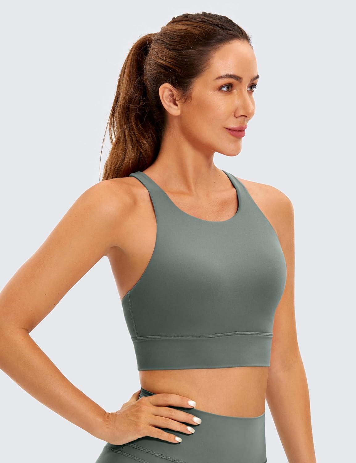 imageCRZ YOGA Womens Butterluxe Strappy High Neck Longline Sports Bra Wireless Criss Cross Back Padded Workout Cropped TopGrey Sage