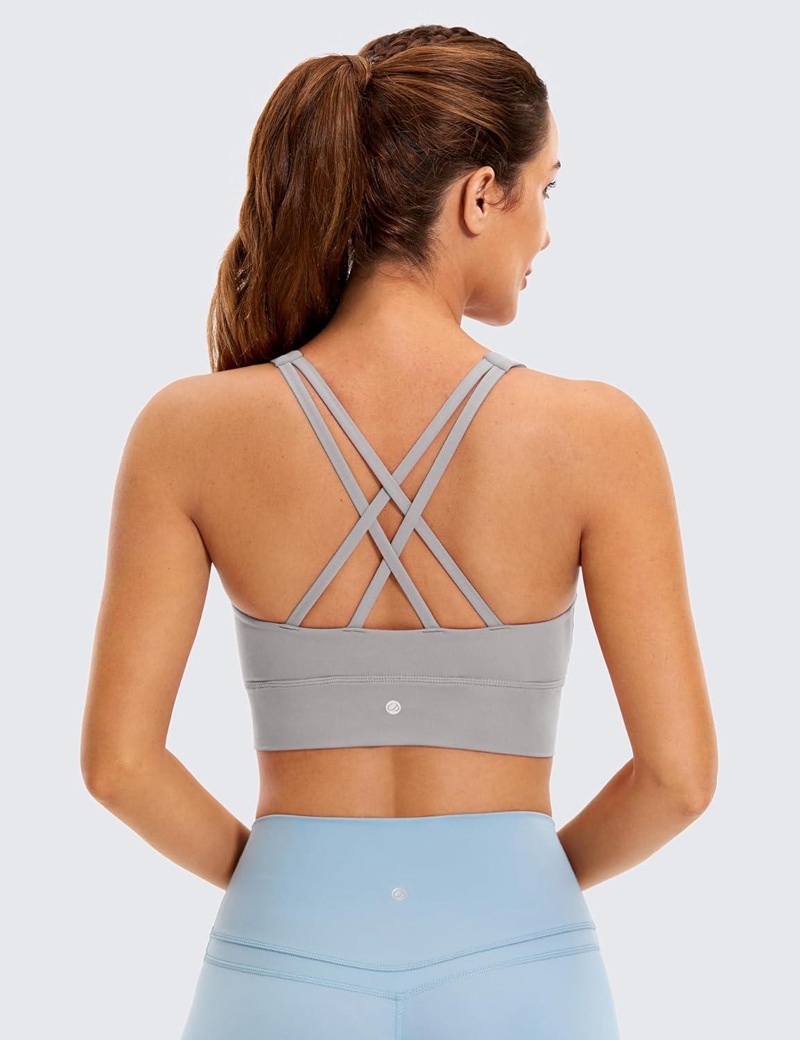 imageCRZ YOGA Womens Butterluxe Strappy High Neck Longline Sports Bra Wireless Criss Cross Back Padded Workout Cropped TopGull Gray