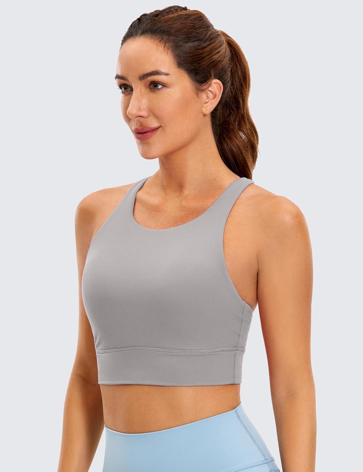 imageCRZ YOGA Womens Butterluxe Strappy High Neck Longline Sports Bra Wireless Criss Cross Back Padded Workout Cropped TopGull Gray