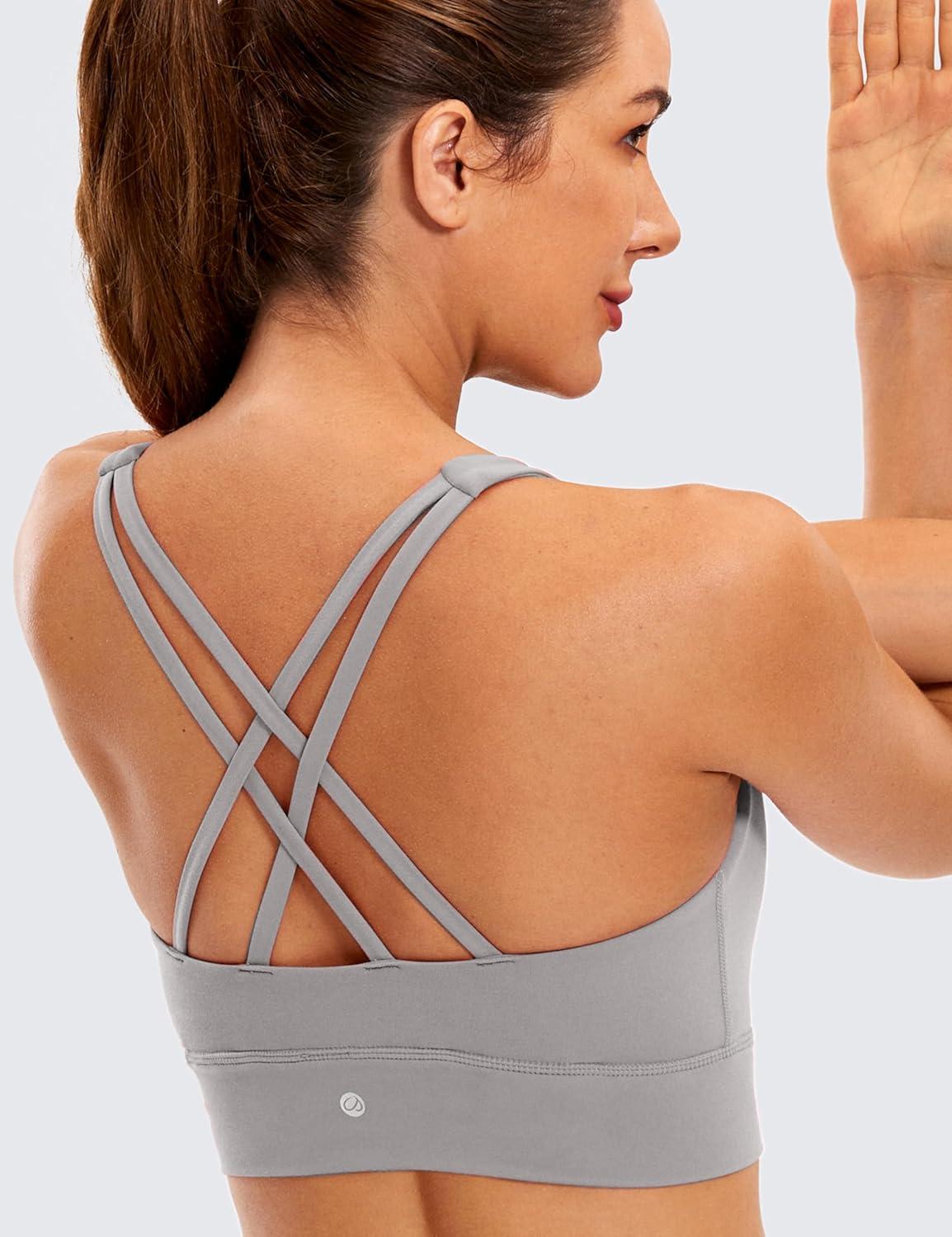 imageCRZ YOGA Womens Butterluxe Strappy High Neck Longline Sports Bra Wireless Criss Cross Back Padded Workout Cropped TopGull Gray