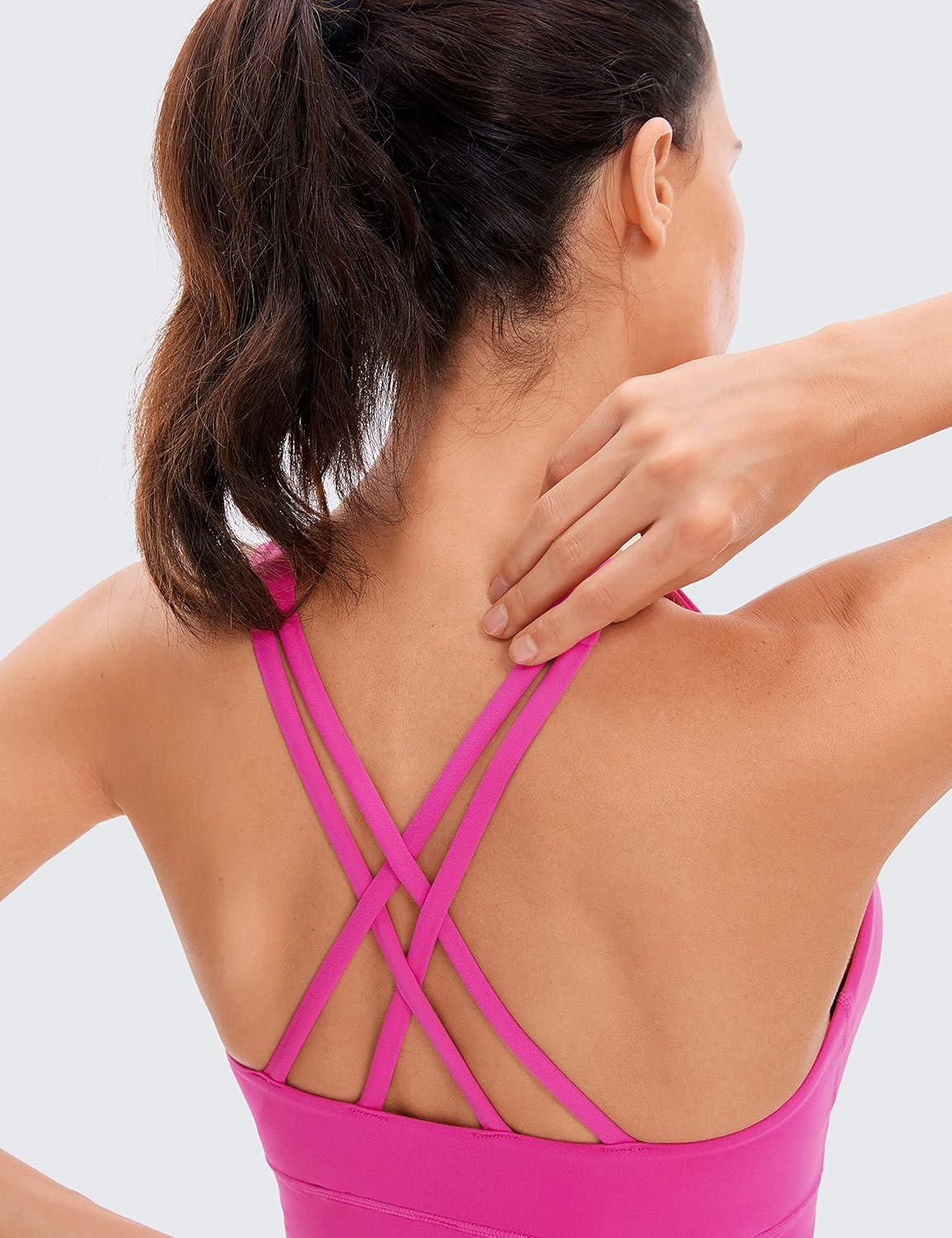 imageCRZ YOGA Womens Butterluxe Strappy High Neck Longline Sports Bra Wireless Criss Cross Back Padded Workout Cropped TopHibiscus Purple