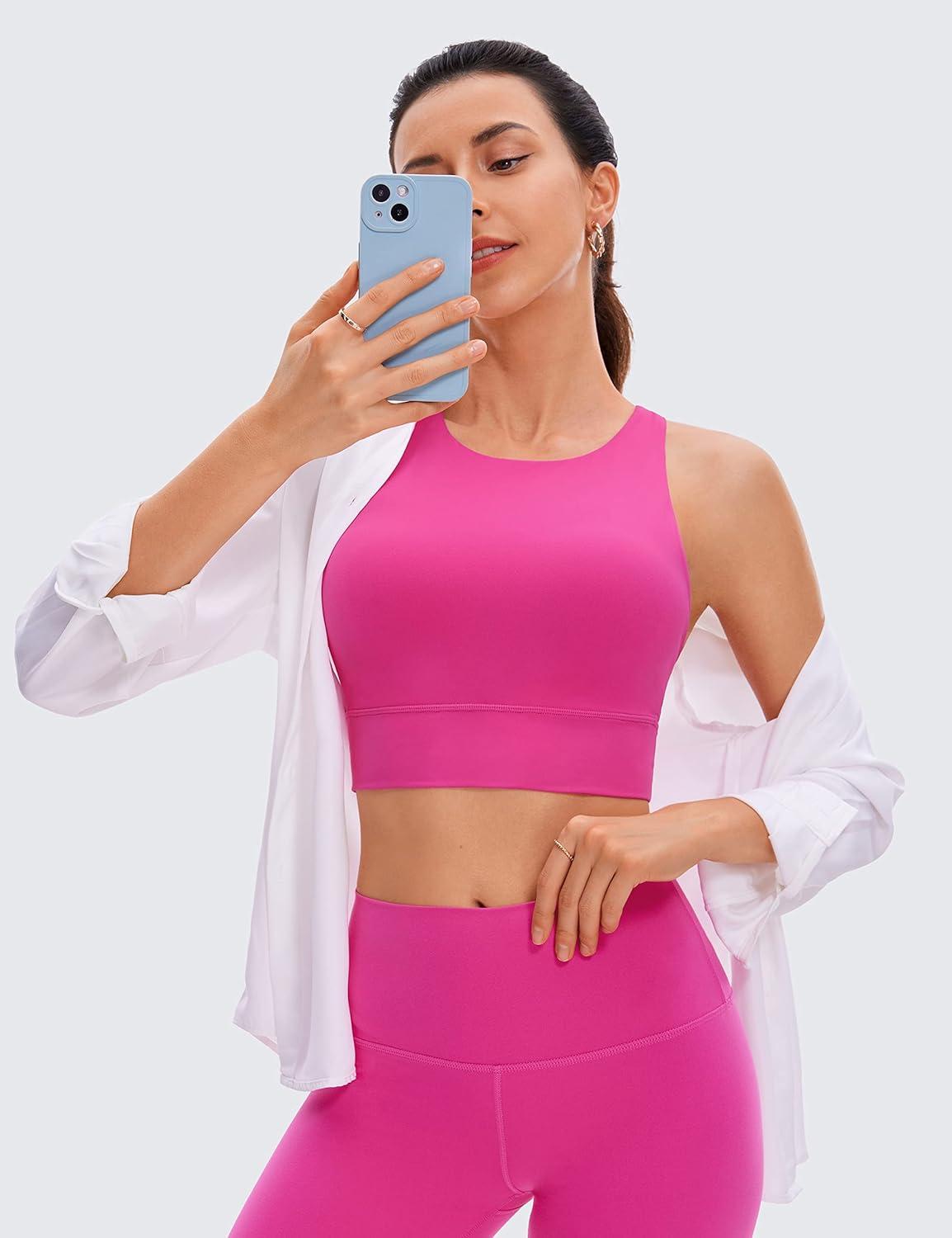 imageCRZ YOGA Womens Butterluxe Strappy High Neck Longline Sports Bra Wireless Criss Cross Back Padded Workout Cropped TopHibiscus Purple