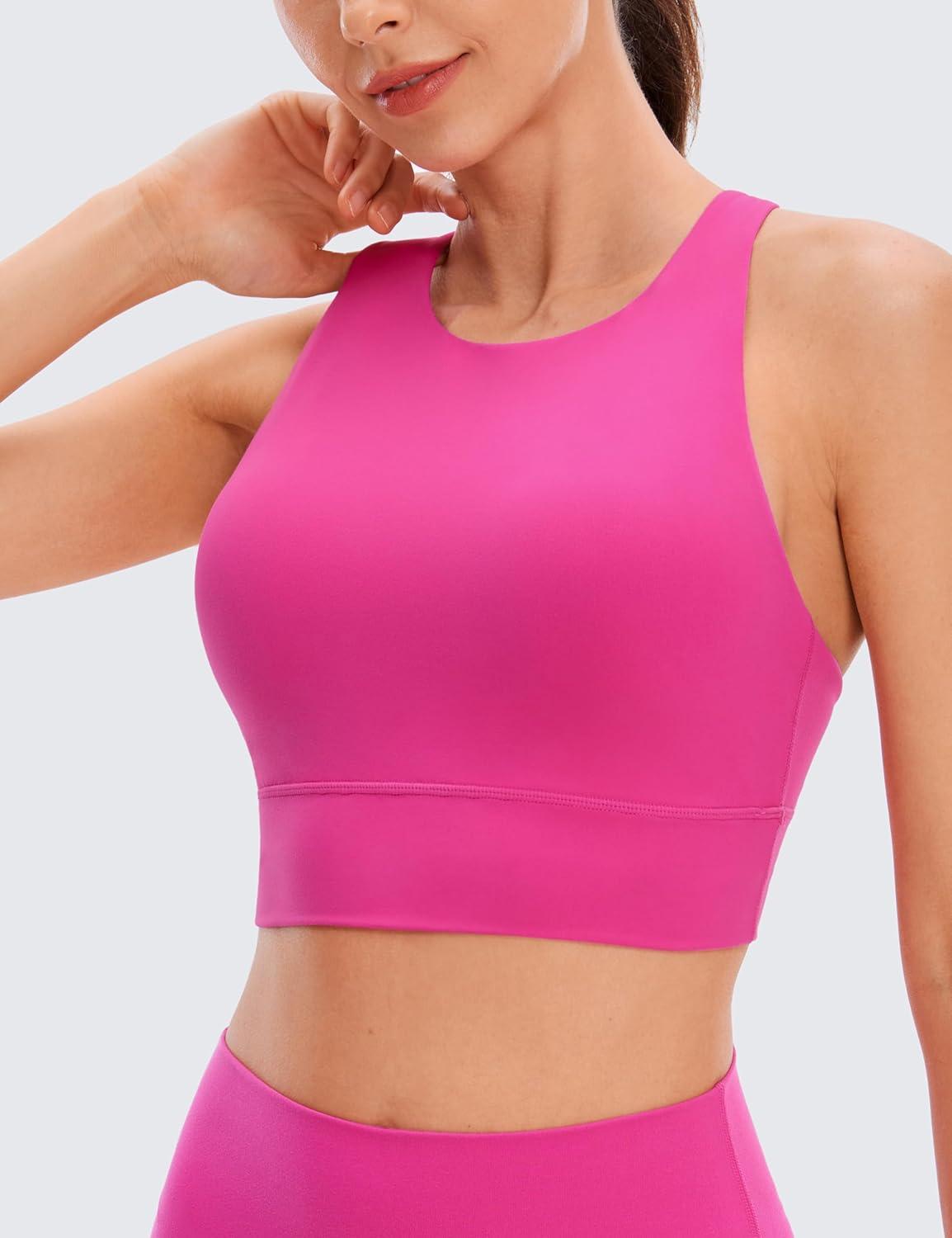 imageCRZ YOGA Womens Butterluxe Strappy High Neck Longline Sports Bra Wireless Criss Cross Back Padded Workout Cropped TopHibiscus Purple