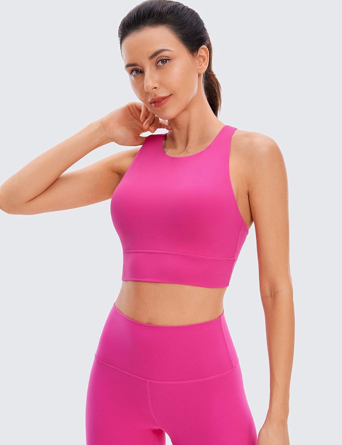 imageCRZ YOGA Womens Butterluxe Strappy High Neck Longline Sports Bra Wireless Criss Cross Back Padded Workout Cropped TopHibiscus Purple