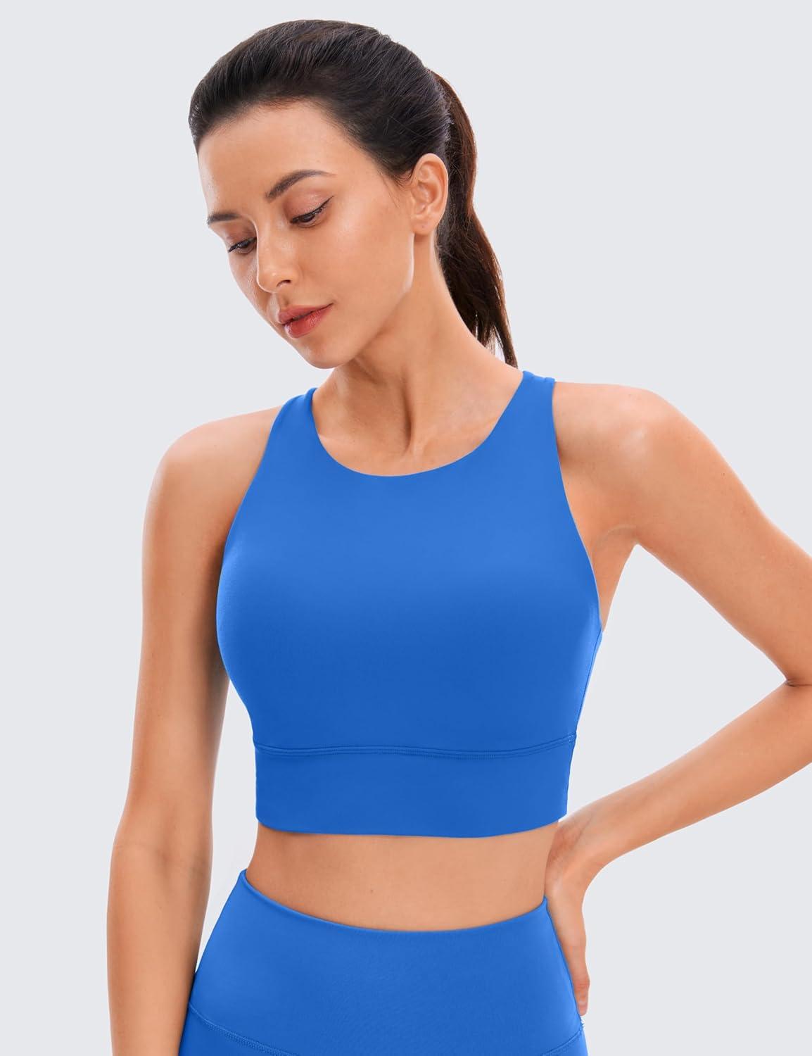 imageCRZ YOGA Womens Butterluxe Strappy High Neck Longline Sports Bra Wireless Criss Cross Back Padded Workout Cropped TopSparkle Blue