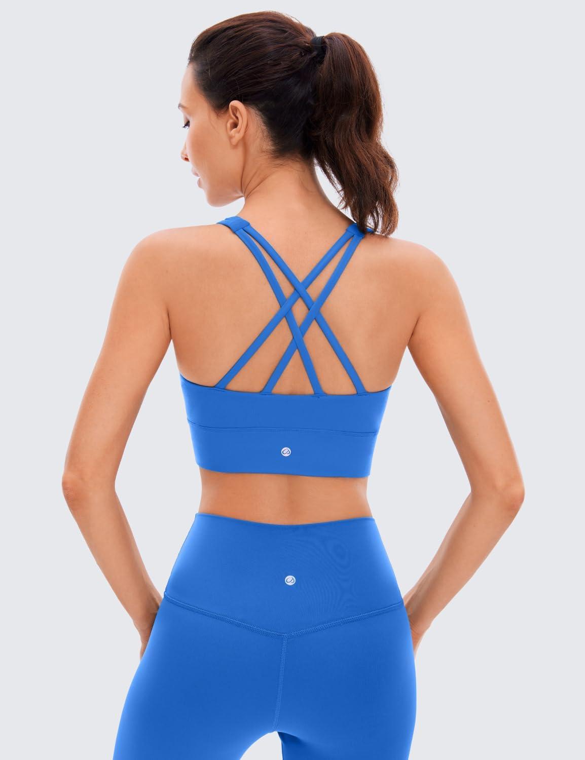imageCRZ YOGA Womens Butterluxe Strappy High Neck Longline Sports Bra Wireless Criss Cross Back Padded Workout Cropped TopSparkle Blue