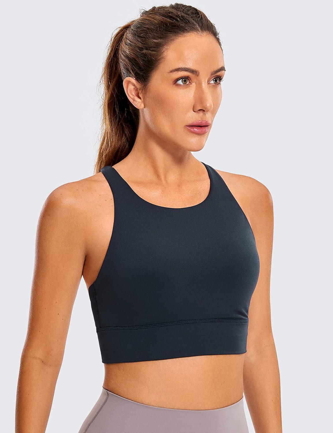 imageCRZ YOGA Womens Butterluxe Strappy High Neck Longline Sports Bra Wireless Criss Cross Back Padded Workout Cropped TopTrue Navy
