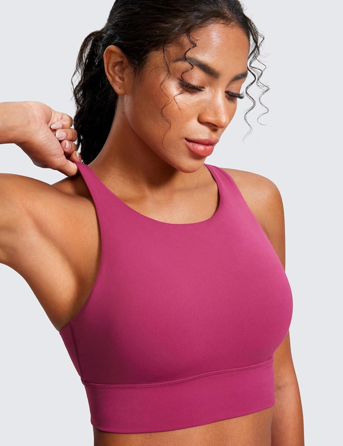 imageCRZ YOGA Womens Butterluxe Strappy High Neck Longline Sports Bra Wireless Criss Cross Back Padded Workout Cropped TopWashed Mauve