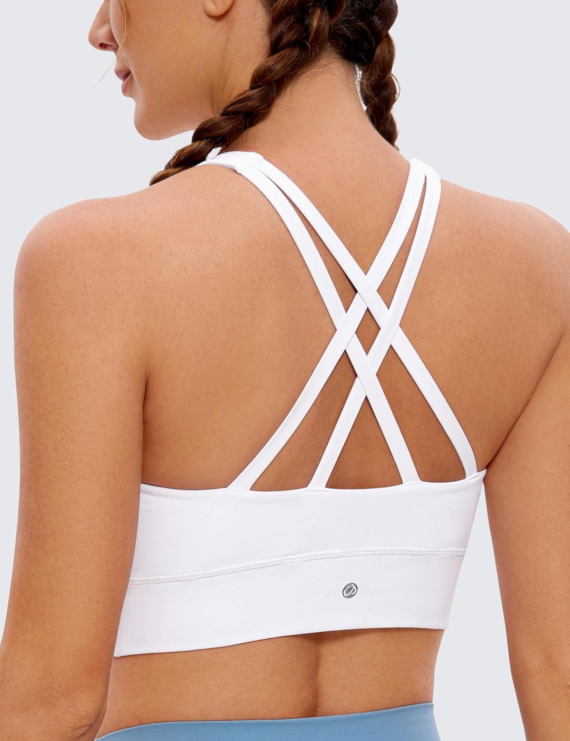 imageCRZ YOGA Womens Butterluxe Strappy High Neck Longline Sports Bra Wireless Criss Cross Back Padded Workout Cropped TopWhite