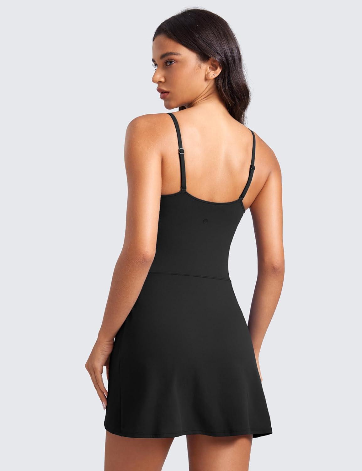 imageCRZ YOGA Womens Butterluxe Tennis Dress Spaghetti Strap Casual Athletic Sports Outfits with Builtin Shorts and BrasBlack