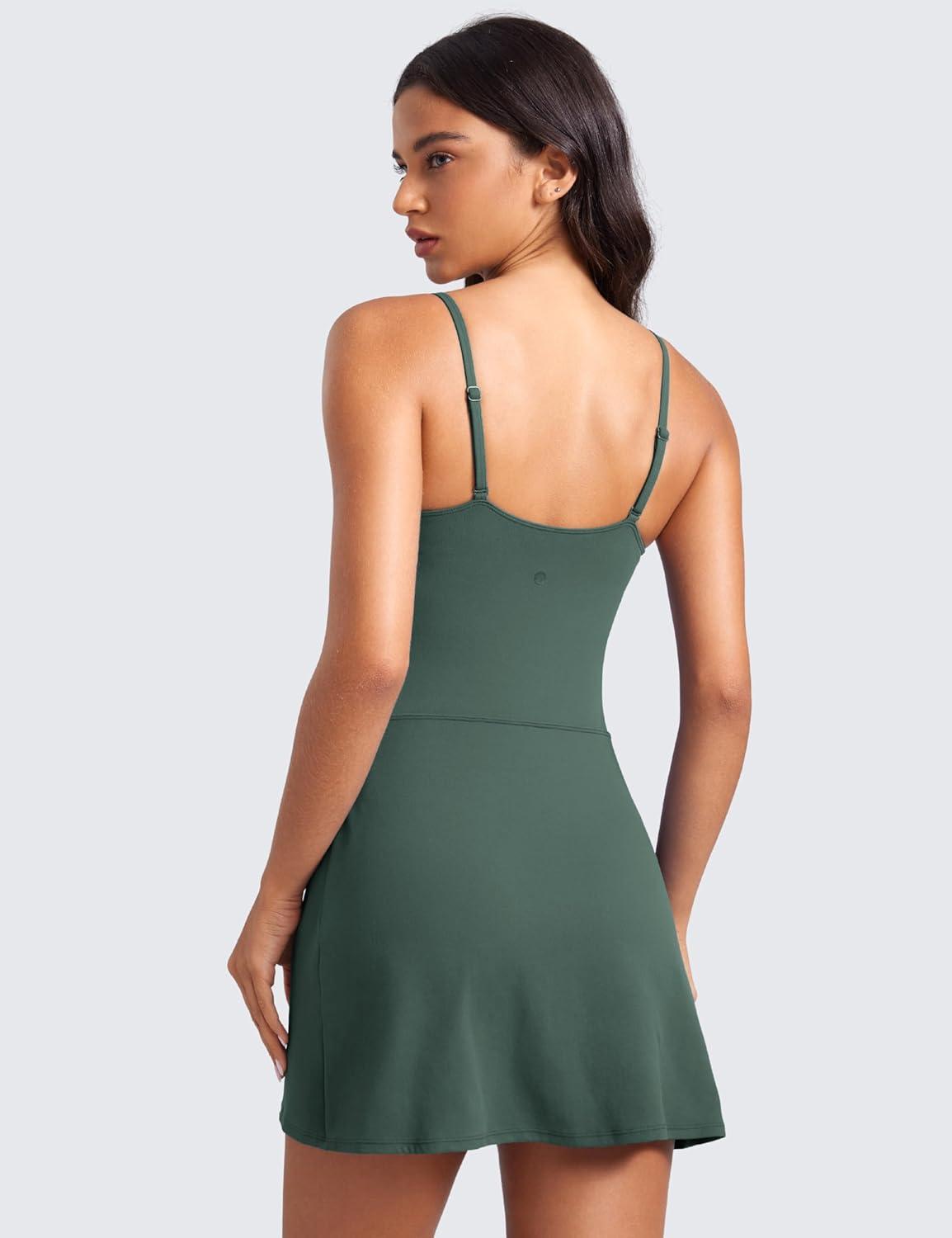 imageCRZ YOGA Womens Butterluxe Tennis Dress Spaghetti Strap Casual Athletic Sports Outfits with Builtin Shorts and BrasDark Forest Green