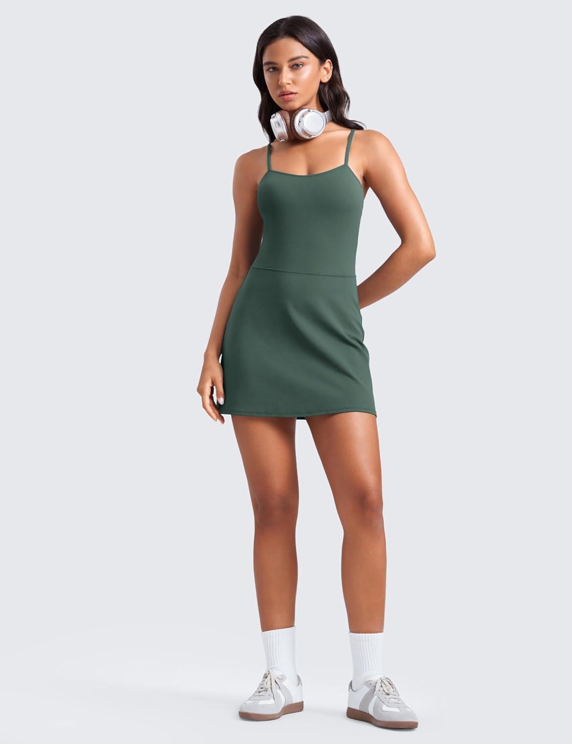 imageCRZ YOGA Womens Butterluxe Tennis Dress Spaghetti Strap Casual Athletic Sports Outfits with Builtin Shorts and BrasDark Forest Green