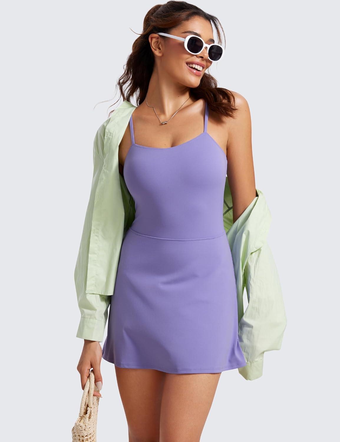 imageCRZ YOGA Womens Butterluxe Tennis Dress Spaghetti Strap Casual Athletic Sports Outfits with Builtin Shorts and BrasDark Lavender Purple