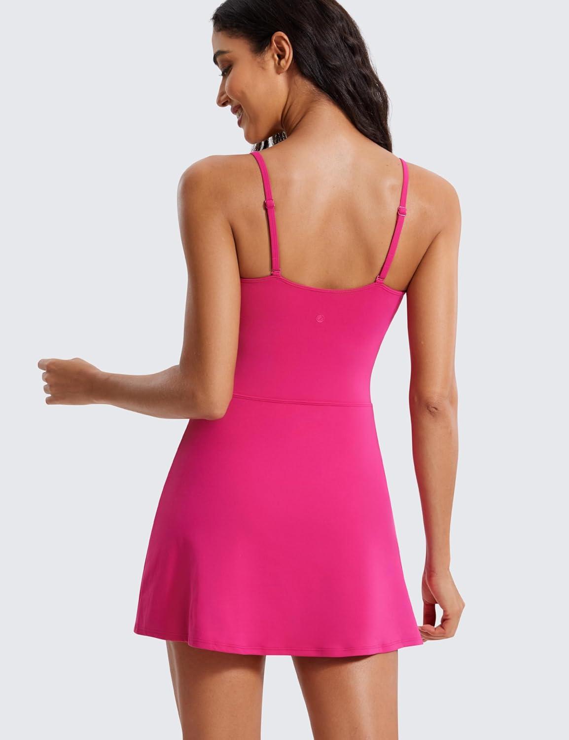 imageCRZ YOGA Womens Butterluxe Tennis Dress Spaghetti Strap Casual Athletic Sports Outfits with Builtin Shorts and BrasGranita Pink