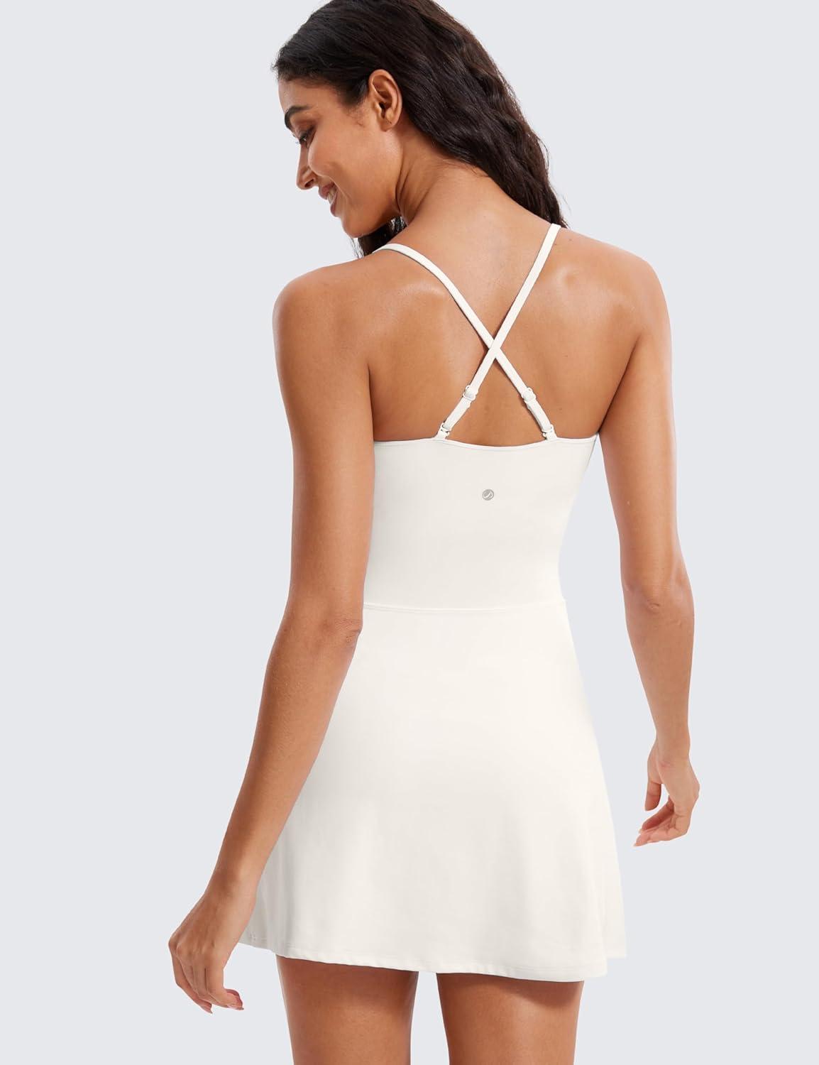 imageCRZ YOGA Womens Butterluxe Tennis Dress Spaghetti Strap Casual Athletic Sports Outfits with Builtin Shorts and BrasMilky White Bone