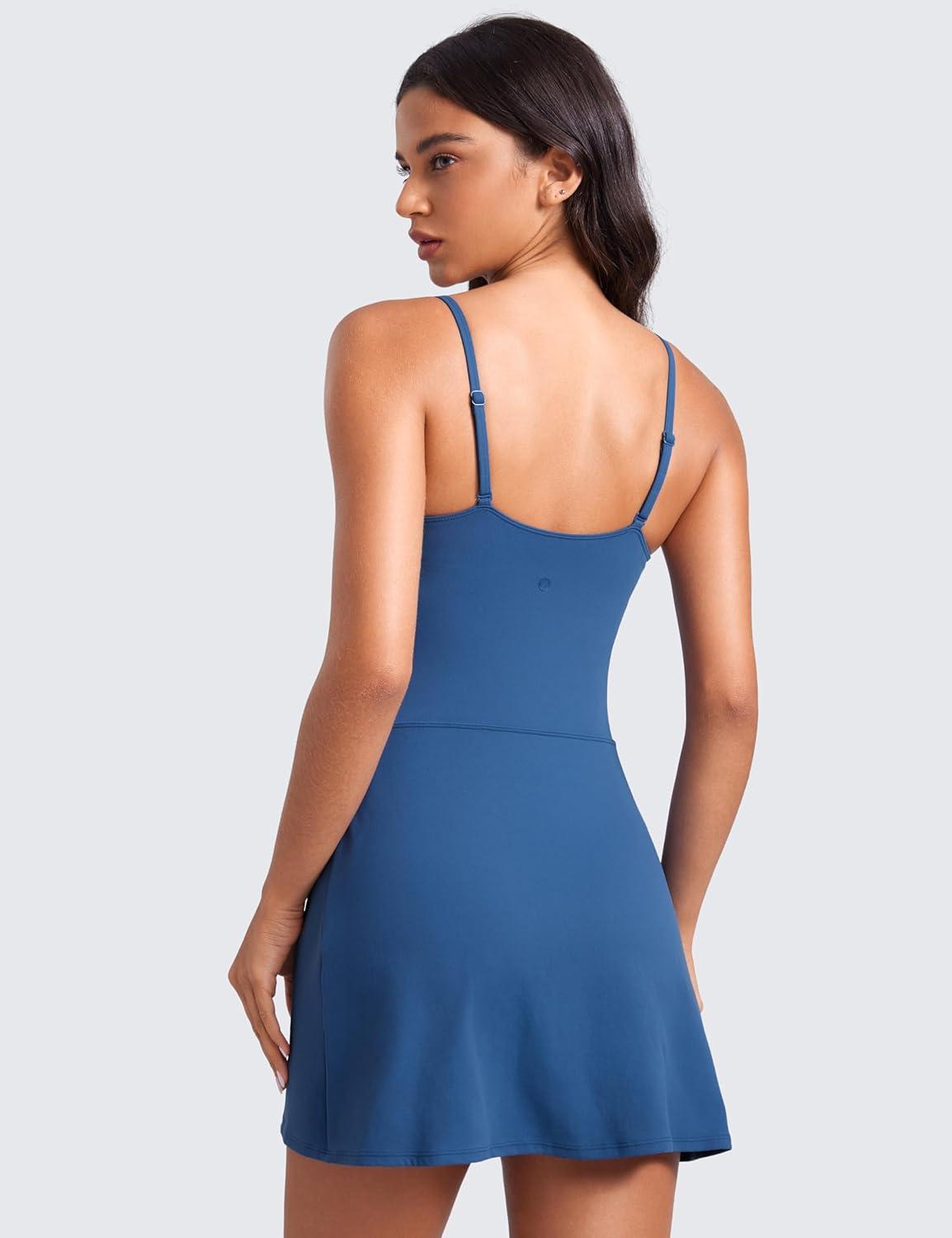imageCRZ YOGA Womens Butterluxe Tennis Dress Spaghetti Strap Casual Athletic Sports Outfits with Builtin Shorts and BrasPitch Blue