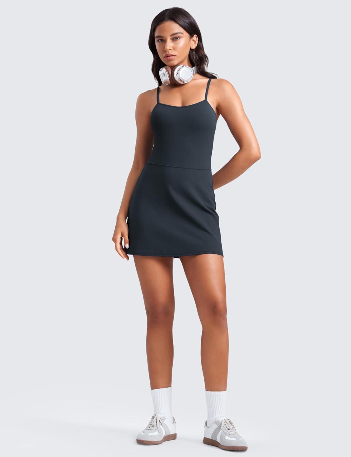 imageCRZ YOGA Womens Butterluxe Tennis Dress Spaghetti Strap Casual Athletic Sports Outfits with Builtin Shorts and BrasTrue Navy
