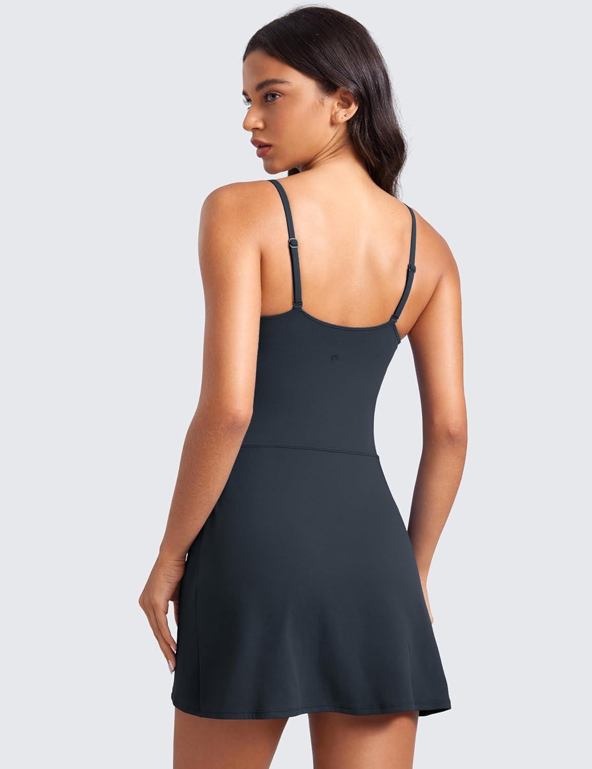 imageCRZ YOGA Womens Butterluxe Tennis Dress Spaghetti Strap Casual Athletic Sports Outfits with Builtin Shorts and BrasTrue Navy