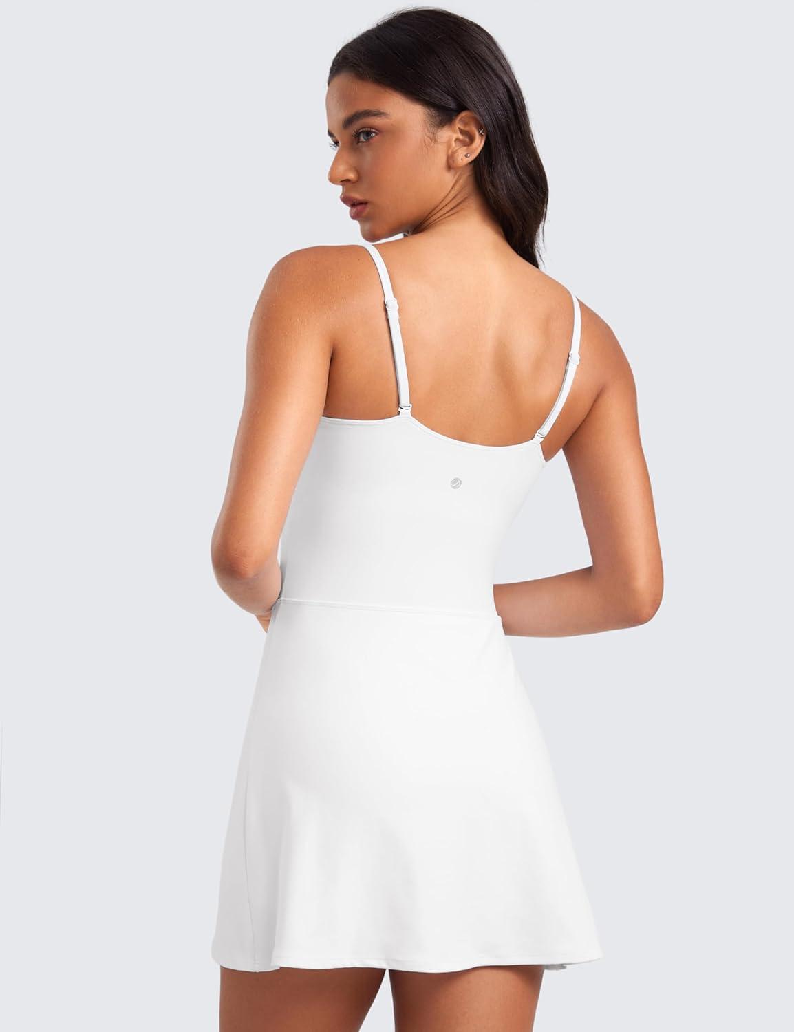 imageCRZ YOGA Womens Butterluxe Tennis Dress Spaghetti Strap Casual Athletic Sports Outfits with Builtin Shorts and BrasWhite