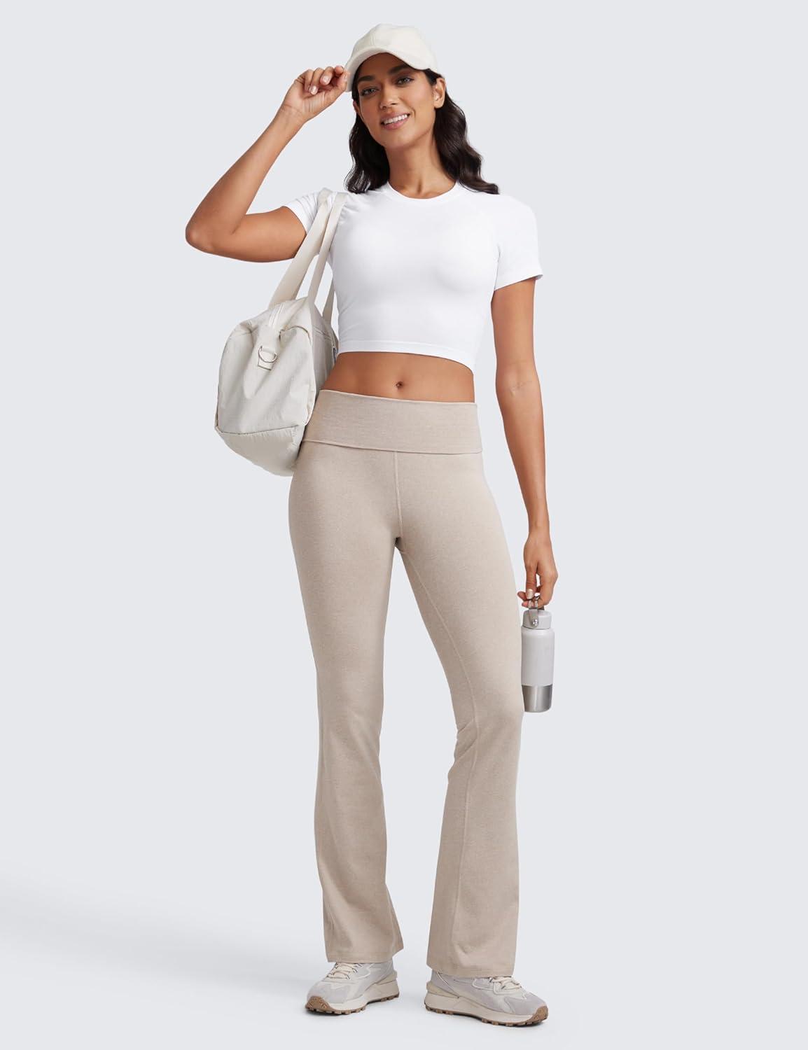 imageCRZ YOGA Womens Cloud Jersey Foldover Waist Flare Pants 31quot Yoga High Waisted Bootcut Lounge CasualMojave Tan