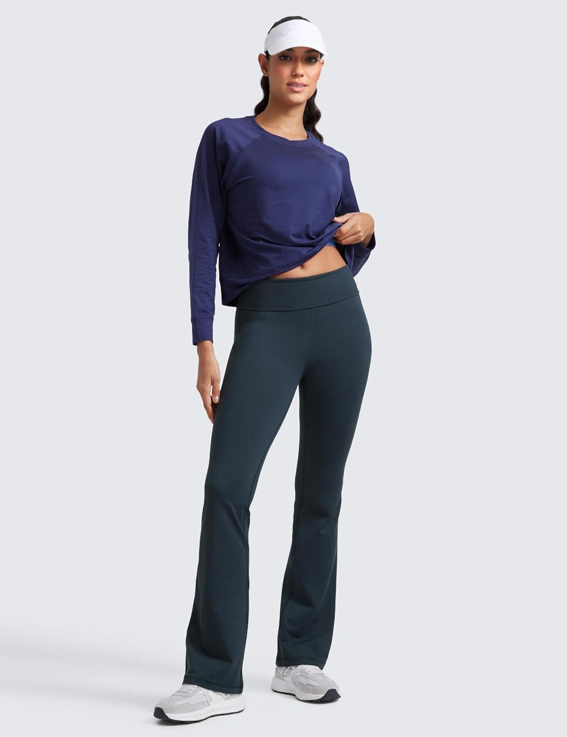 imageCRZ YOGA Womens Cloud Jersey Foldover Waist Flare Pants 31quot Yoga High Waisted Bootcut Lounge CasualTrue Navy