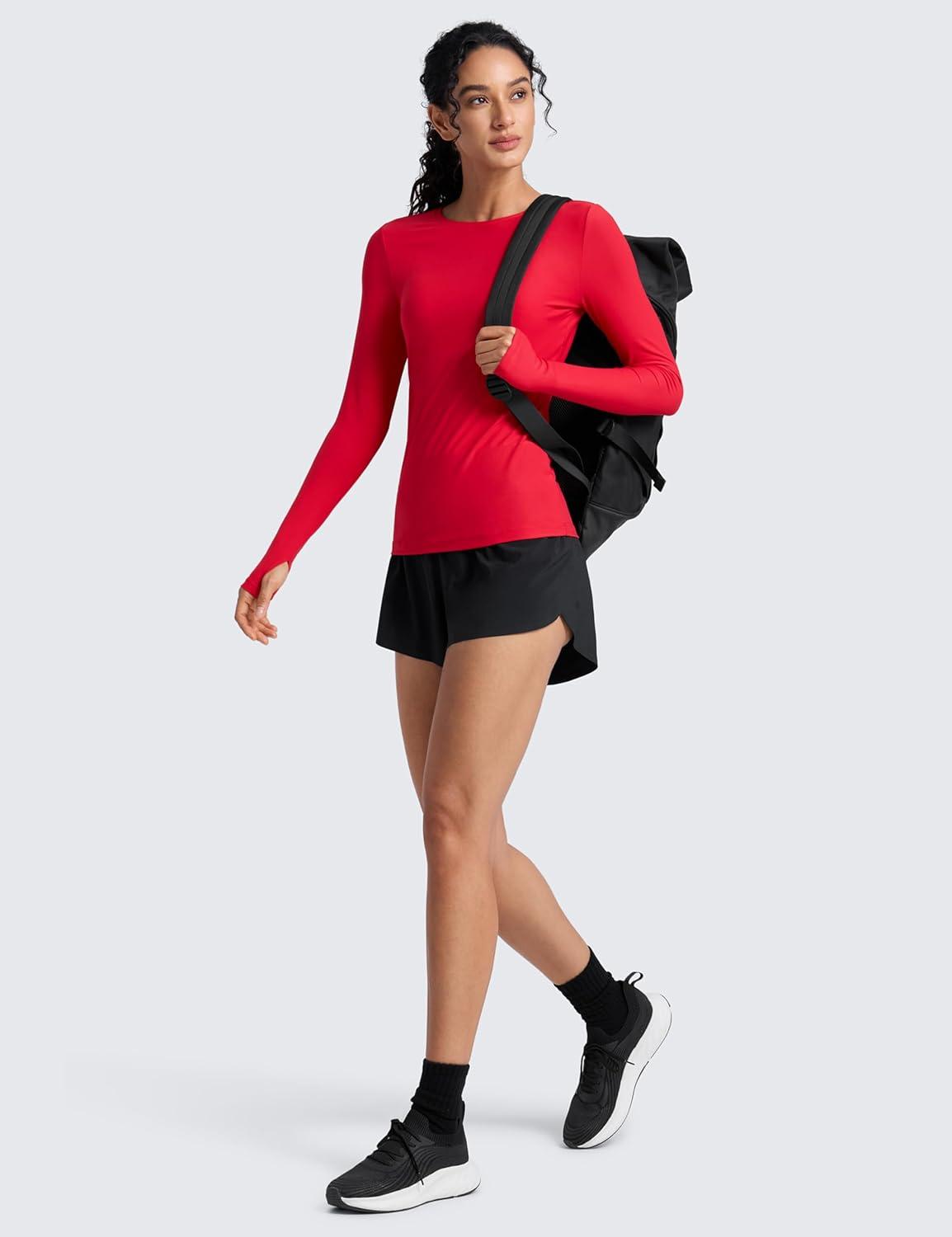 imageCRZ YOGA Womens Cloudweight Long Sleeve Workout Tops Lightweight Athletic Basic Shirts Soft Casual TShirt with Thumb HoleAurora Red