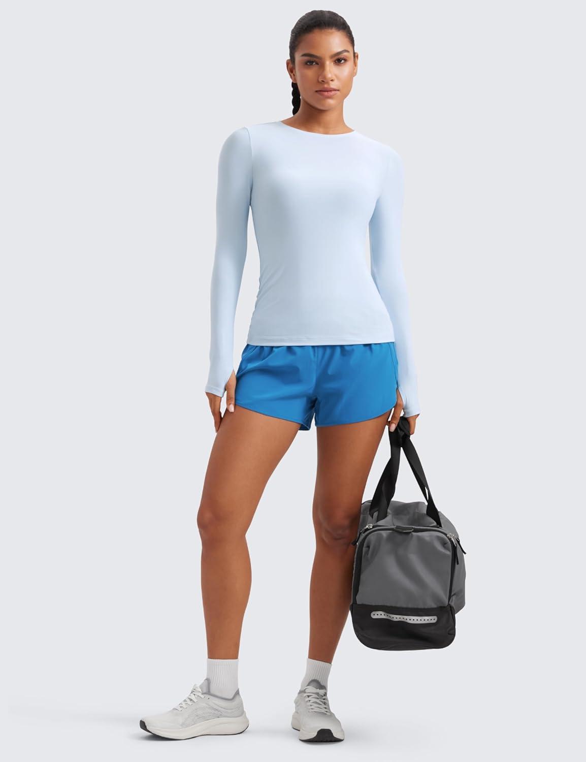 imageCRZ YOGA Womens Cloudweight Long Sleeve Workout Tops Lightweight Athletic Basic Shirts Soft Casual TShirt with Thumb HoleBlue Linen