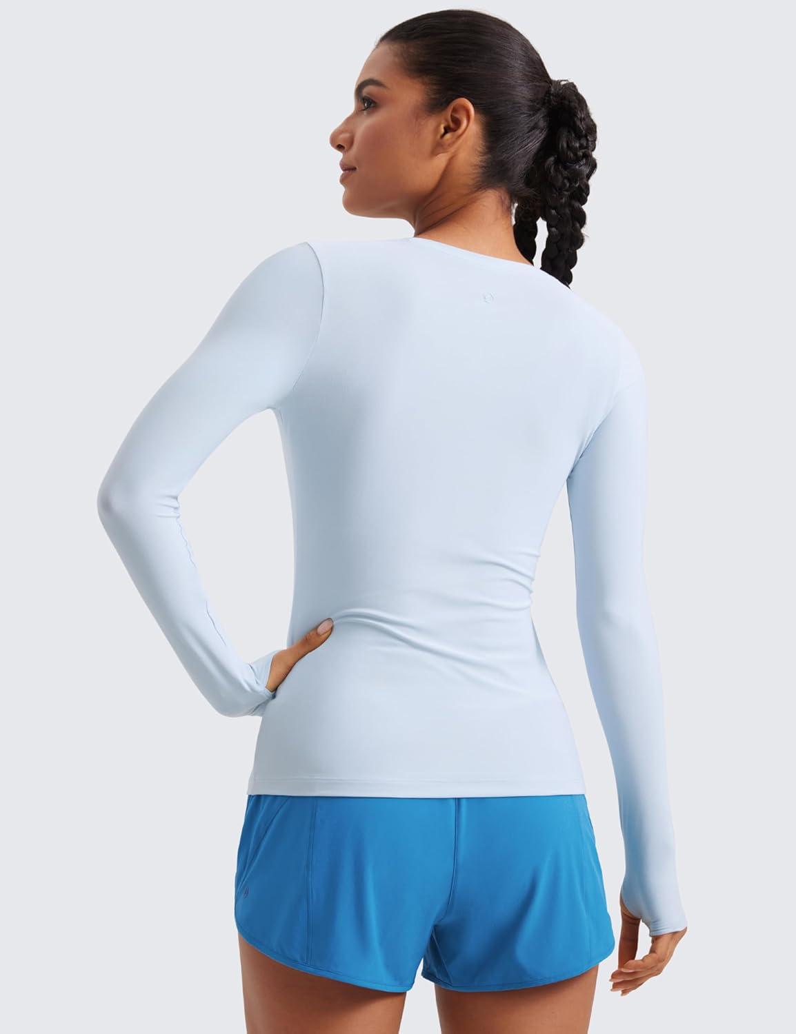 imageCRZ YOGA Womens Cloudweight Long Sleeve Workout Tops Lightweight Athletic Basic Shirts Soft Casual TShirt with Thumb HoleBlue Linen