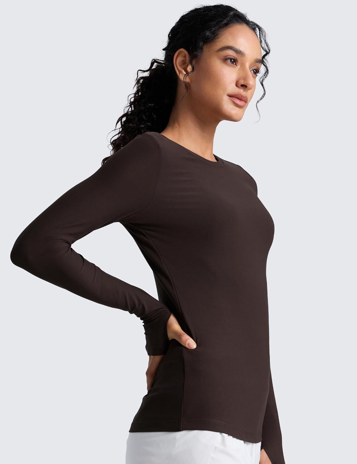 imageCRZ YOGA Womens Cloudweight Long Sleeve Workout Tops Lightweight Athletic Basic Shirts Soft Casual TShirt with Thumb HoleHot Fudge Brown