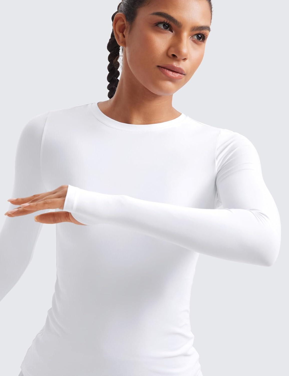 imageCRZ YOGA Womens Cloudweight Long Sleeve Workout Tops Lightweight Athletic Basic Shirts Soft Casual TShirt with Thumb HoleWhite