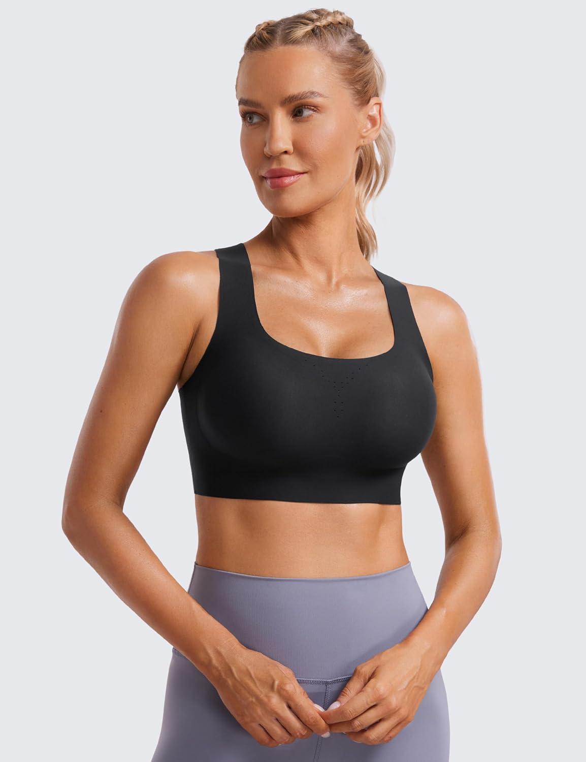 imageCRZ YOGA Womens Flex Sculpt Racerback Sports Bra U Neck Medium Impact Padded Wireless Workout Gym Crop TopBlack