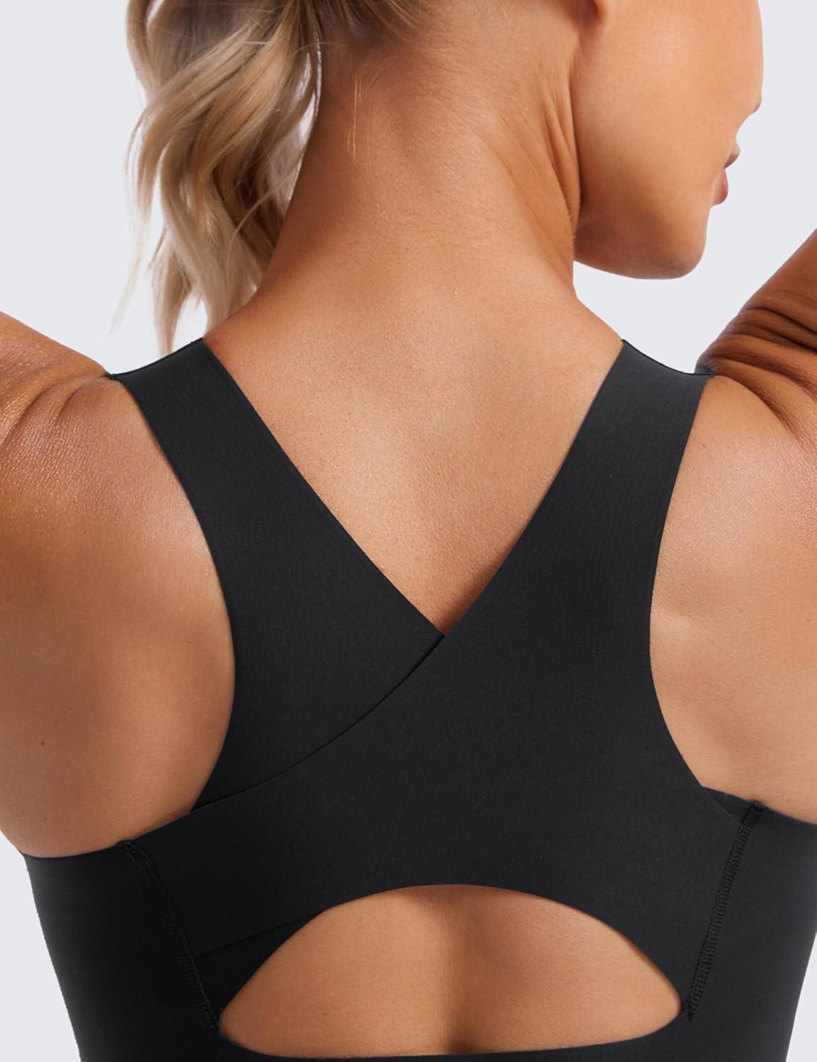 imageCRZ YOGA Womens Flex Sculpt Racerback Sports Bra U Neck Medium Impact Padded Wireless Workout Gym Crop TopBlack