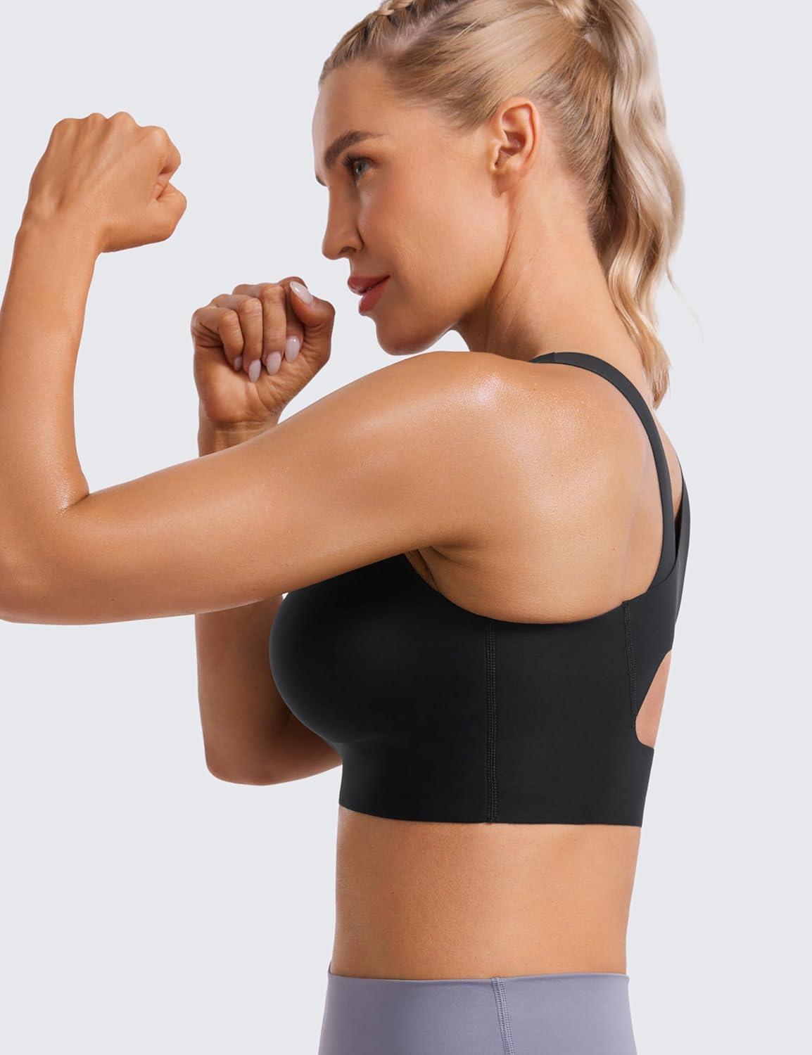 imageCRZ YOGA Womens Flex Sculpt Racerback Sports Bra U Neck Medium Impact Padded Wireless Workout Gym Crop TopBlack