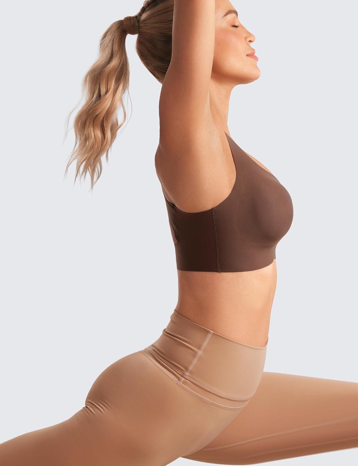 imageCRZ YOGA Womens Flex Sculpt Racerback Sports Bra U Neck Medium Impact Padded Wireless Workout Gym Crop TopCoffee Brown