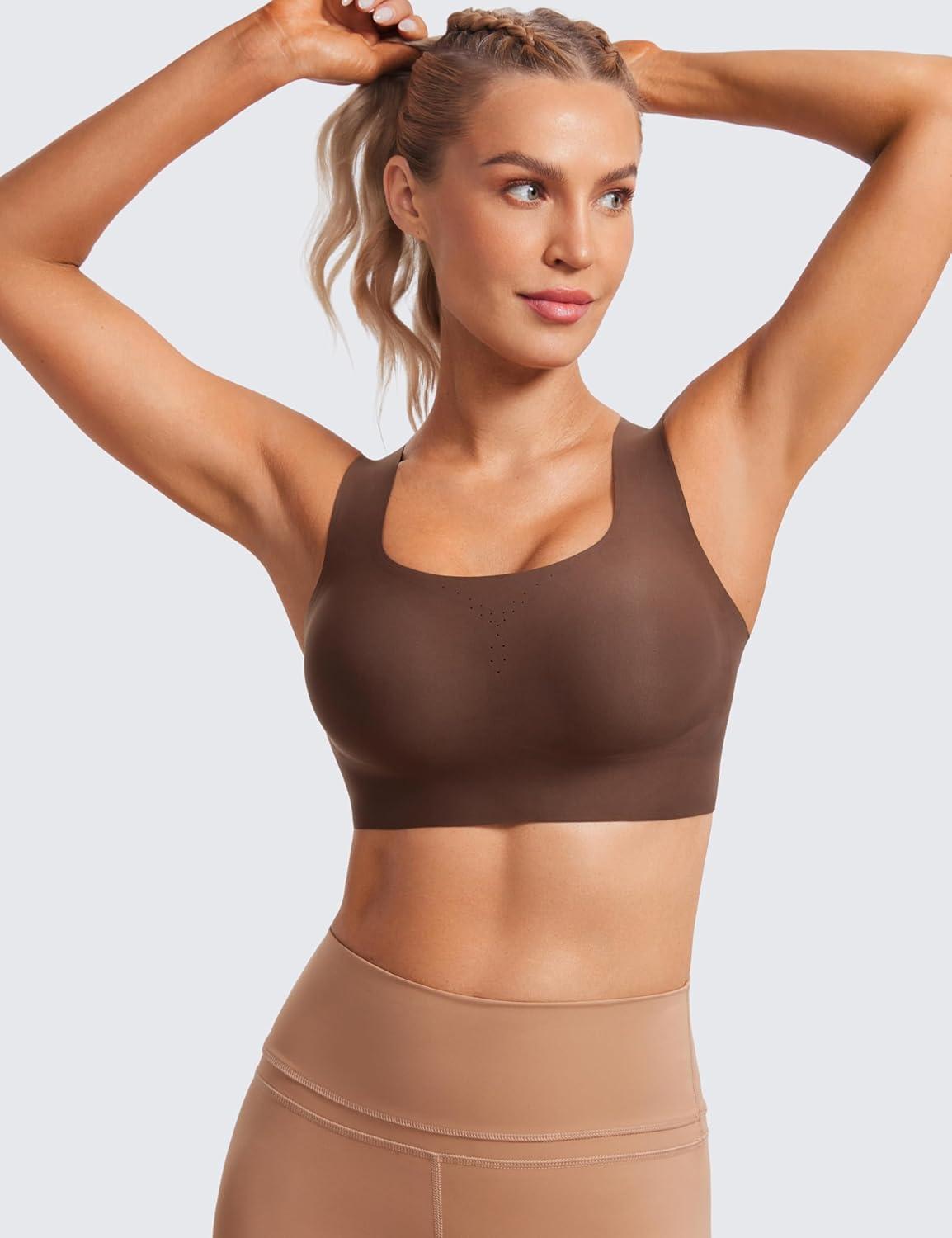 imageCRZ YOGA Womens Flex Sculpt Racerback Sports Bra U Neck Medium Impact Padded Wireless Workout Gym Crop TopCoffee Brown