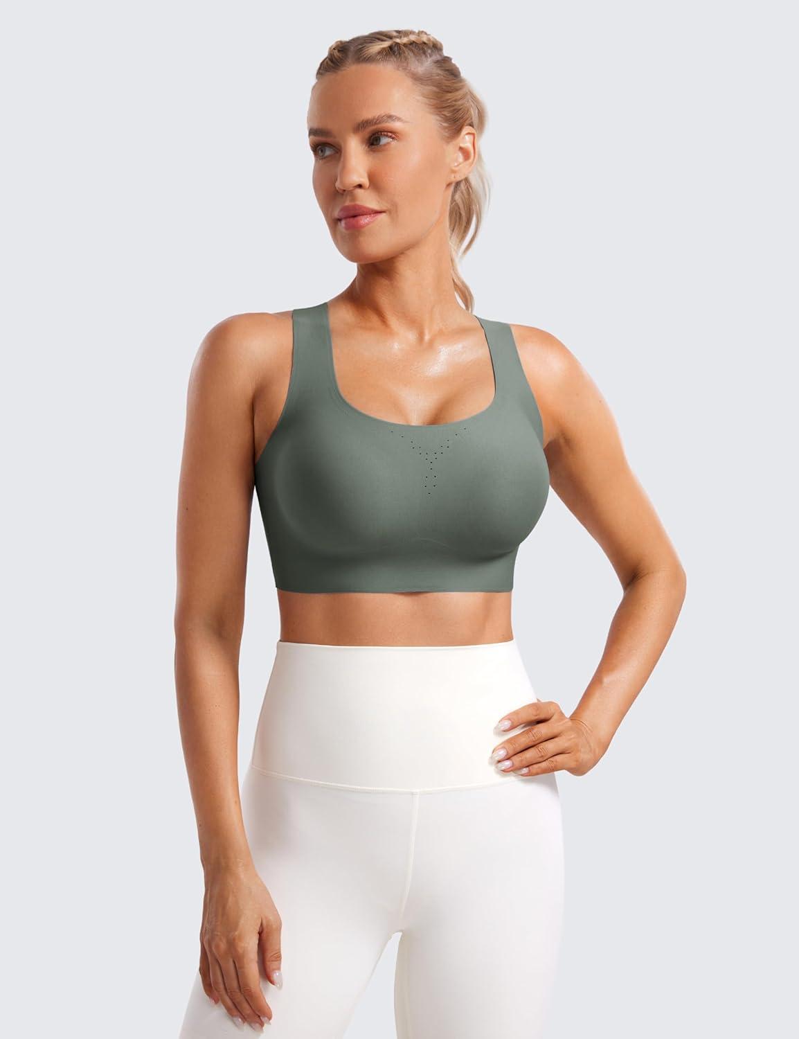 imageCRZ YOGA Womens Flex Sculpt Racerback Sports Bra U Neck Medium Impact Padded Wireless Workout Gym Crop TopGrey Sage