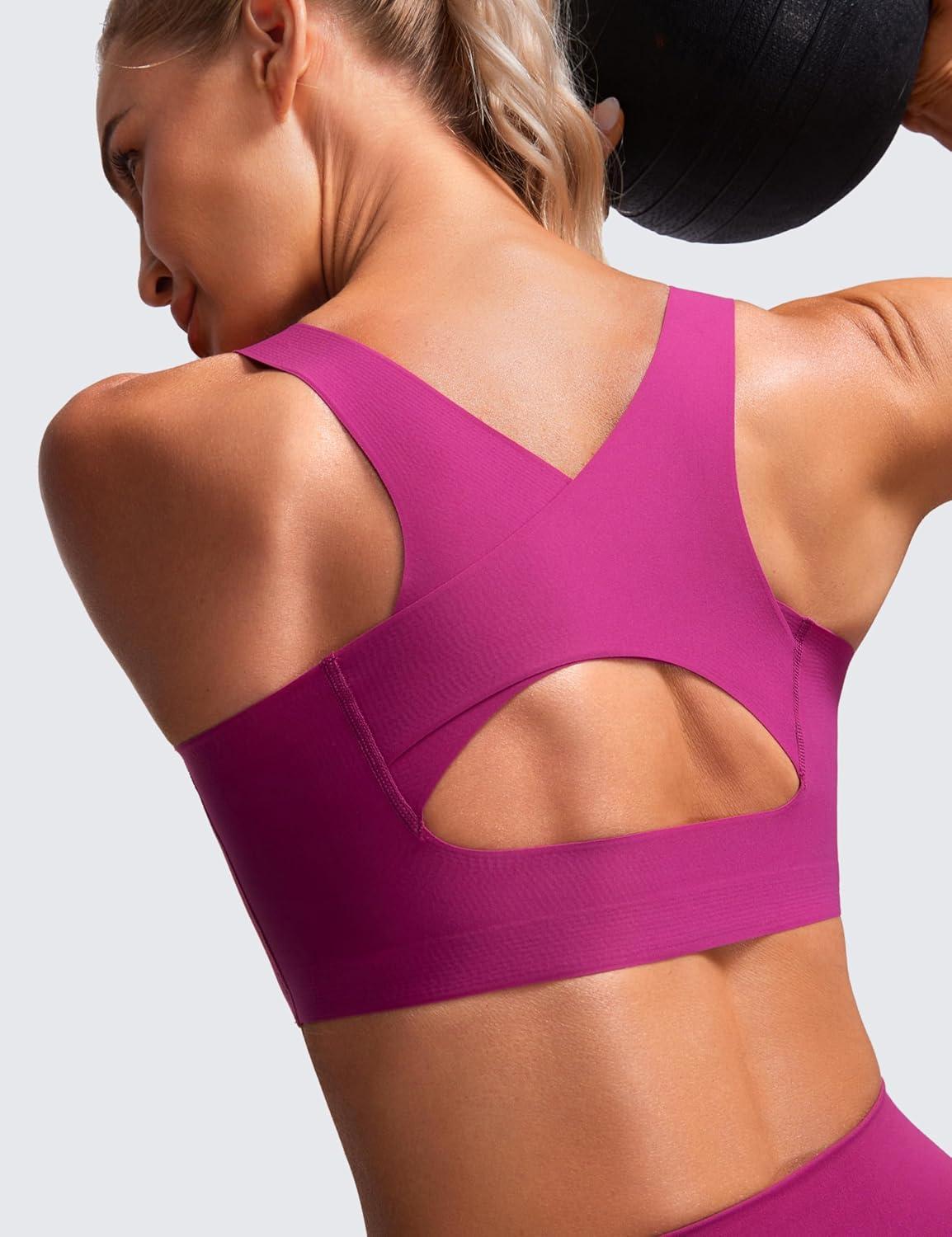 imageCRZ YOGA Womens Flex Sculpt Racerback Sports Bra U Neck Medium Impact Padded Wireless Workout Gym Crop TopMagenta Purple