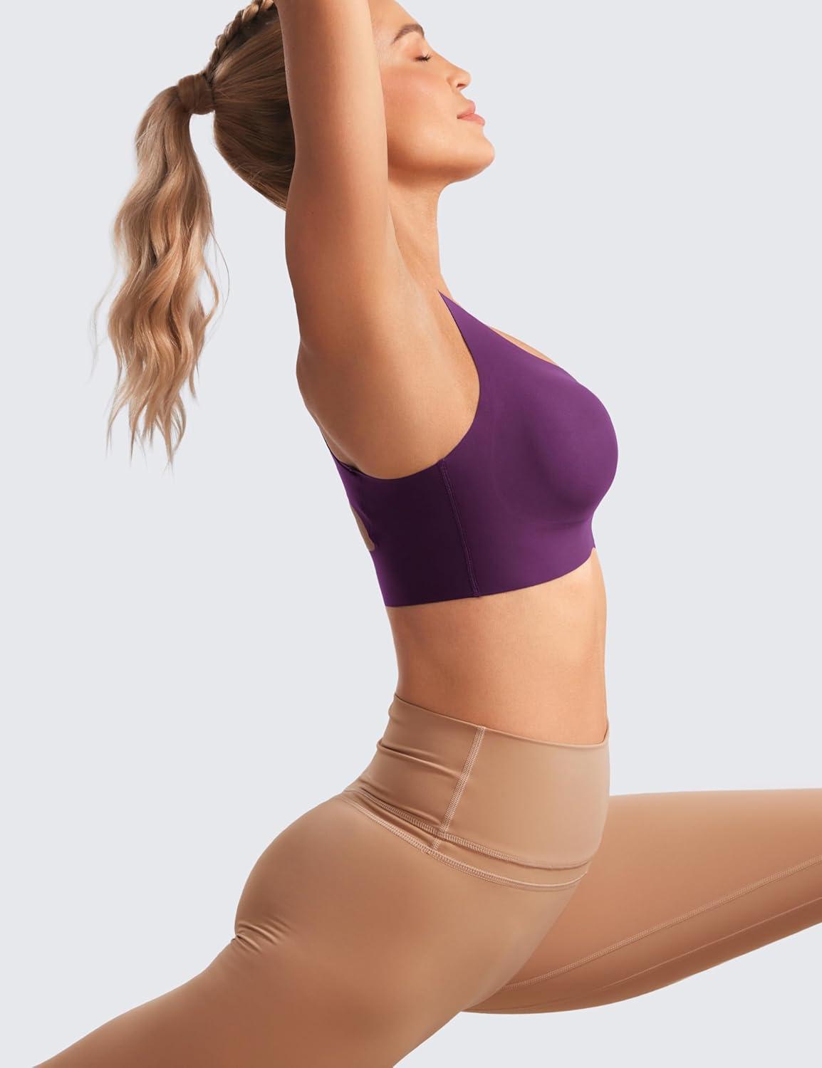 imageCRZ YOGA Womens Flex Sculpt Racerback Sports Bra U Neck Medium Impact Padded Wireless Workout Gym Crop TopPlum Magenta