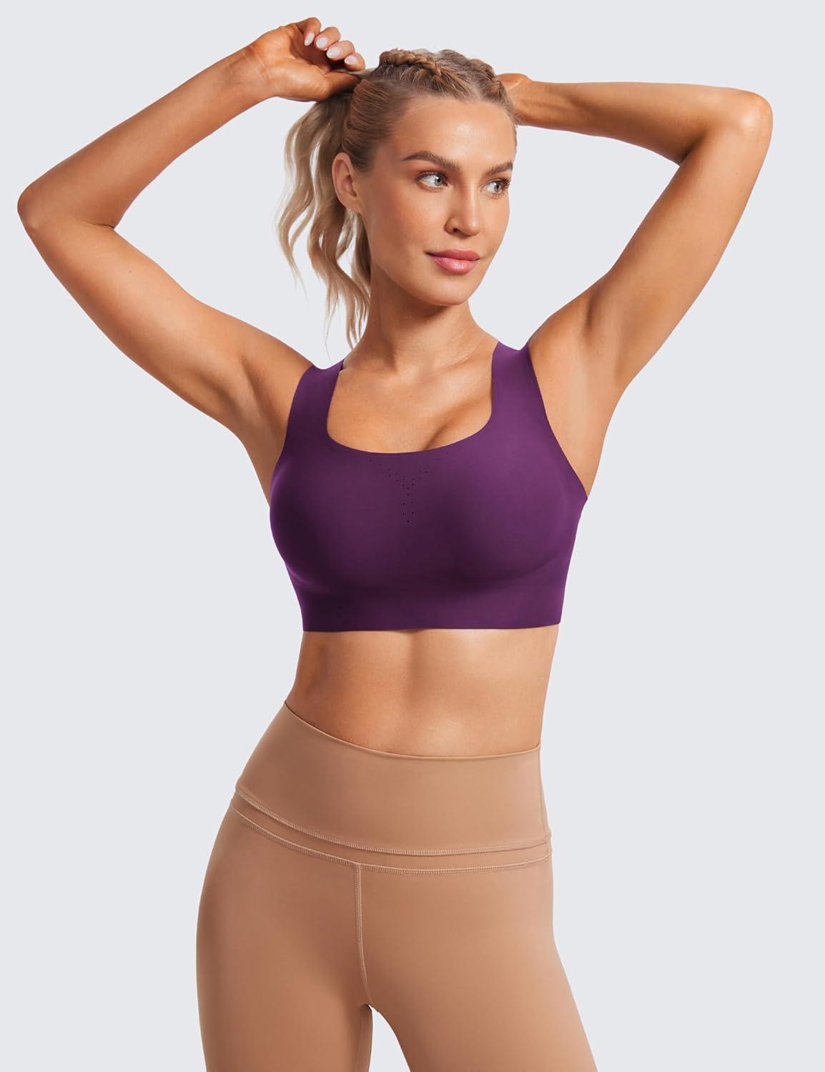 imageCRZ YOGA Womens Flex Sculpt Racerback Sports Bra U Neck Medium Impact Padded Wireless Workout Gym Crop TopPlum Magenta