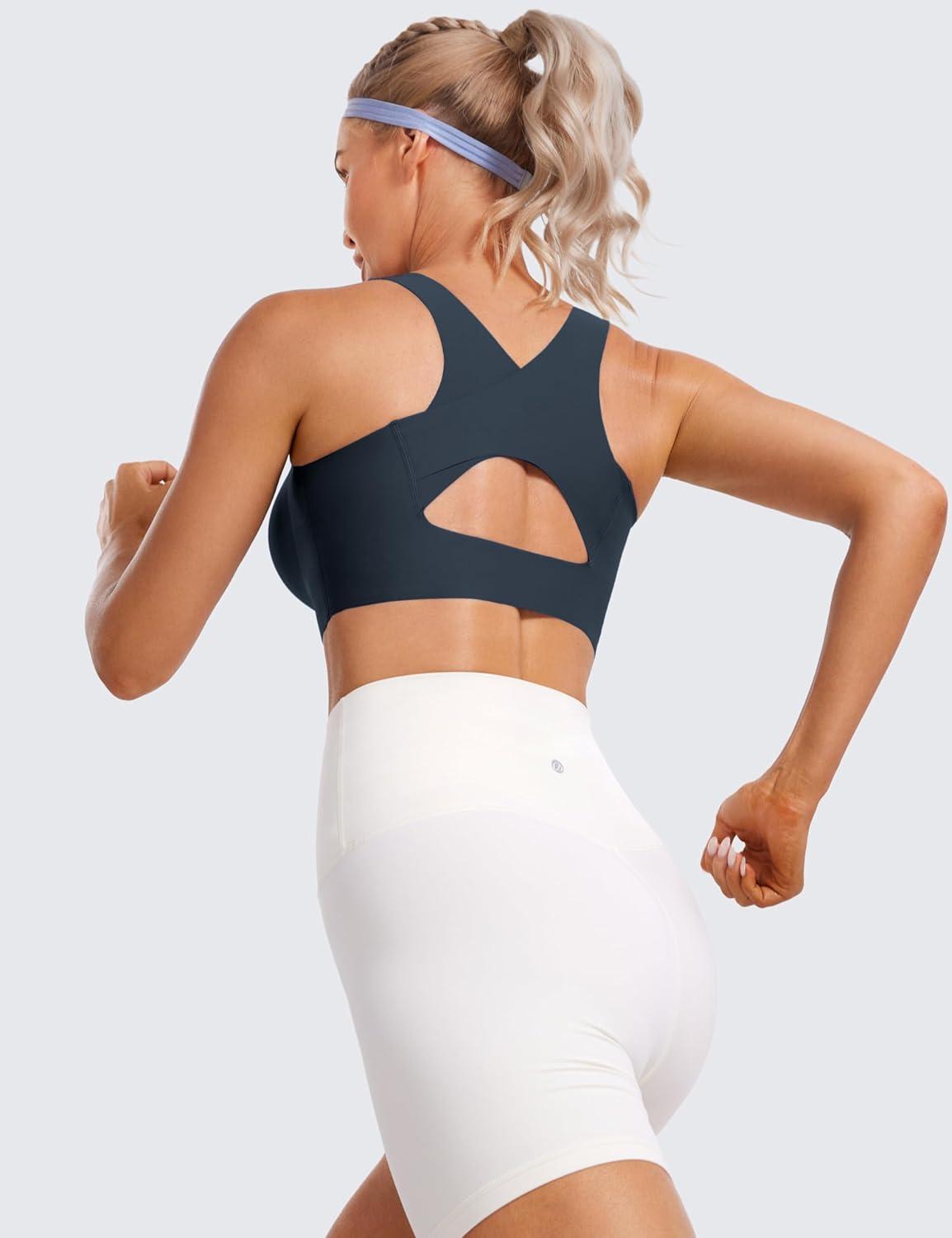 imageCRZ YOGA Womens Flex Sculpt Racerback Sports Bra U Neck Medium Impact Padded Wireless Workout Gym Crop TopTrue Navy
