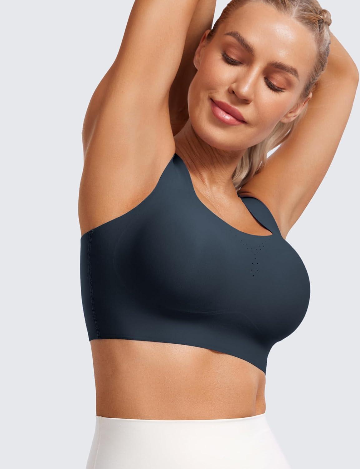 imageCRZ YOGA Womens Flex Sculpt Racerback Sports Bra U Neck Medium Impact Padded Wireless Workout Gym Crop TopTrue Navy