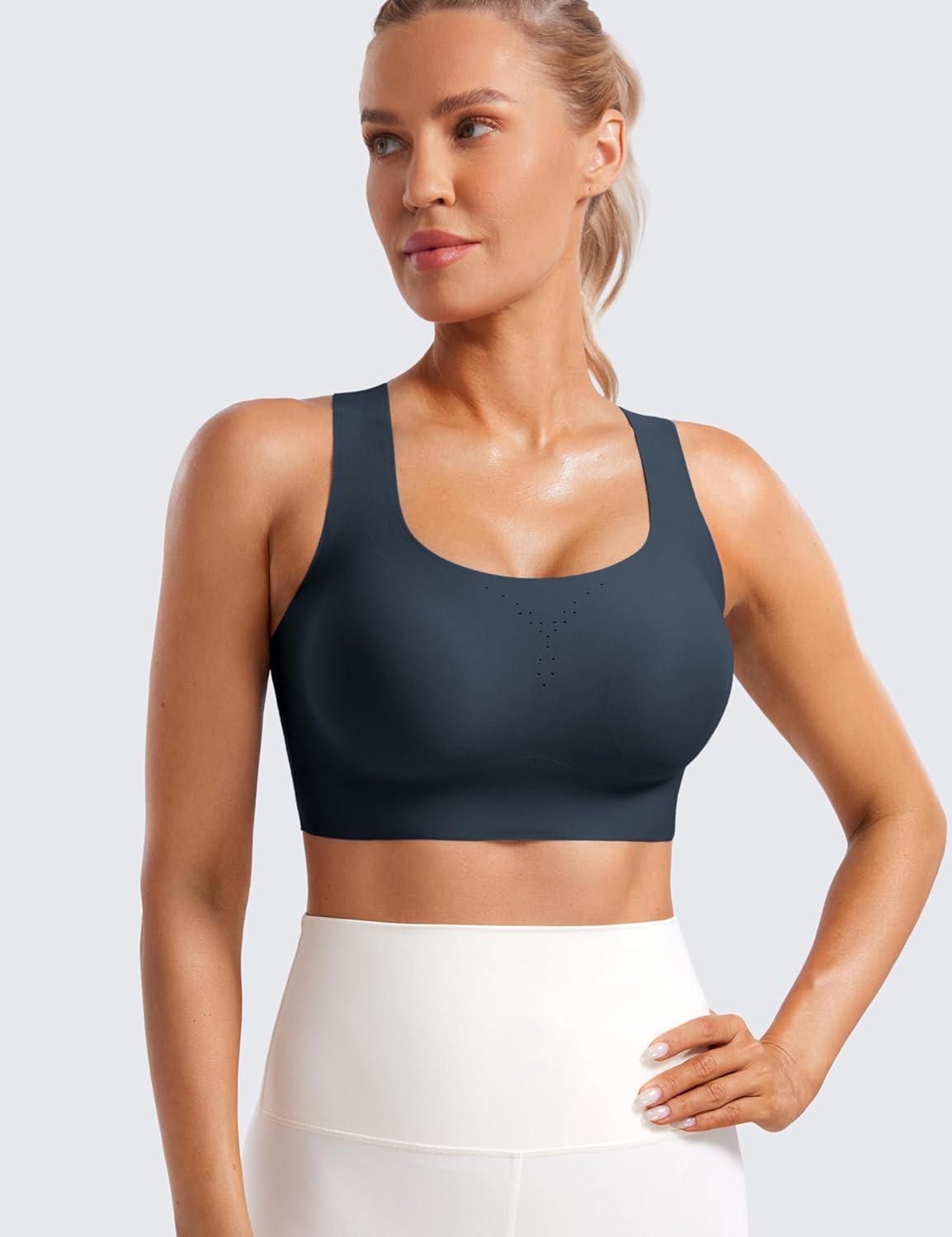imageCRZ YOGA Womens Flex Sculpt Racerback Sports Bra U Neck Medium Impact Padded Wireless Workout Gym Crop TopTrue Navy