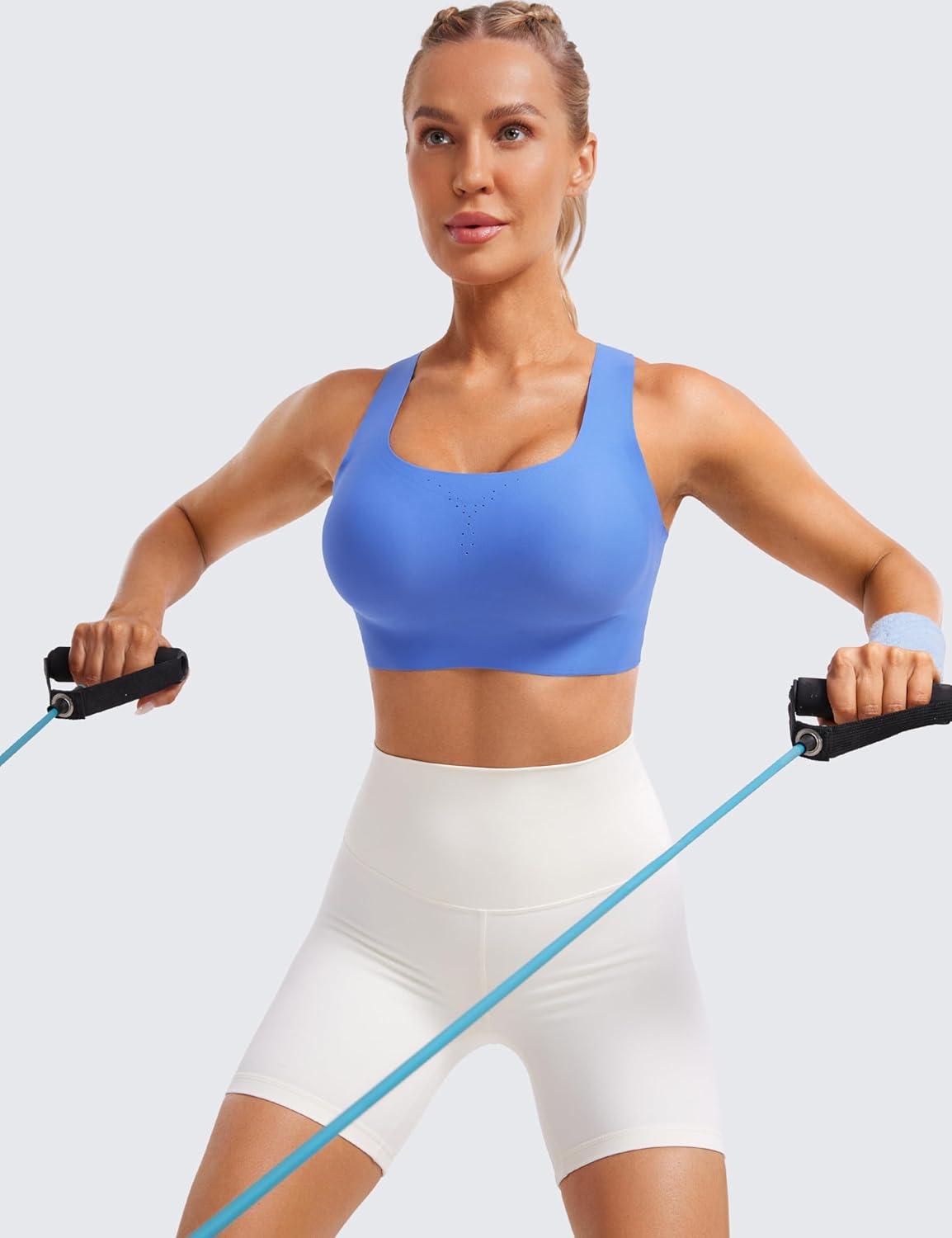 imageCRZ YOGA Womens Flex Sculpt Racerback Sports Bra U Neck Medium Impact Padded Wireless Workout Gym Crop TopWild Indigo