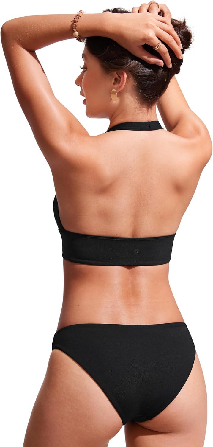 imageCRZ YOGA Womens Halter Bikini Tops V Neck Swim Bathing Suit Sexy Backless Swimsuit PaddedBlack