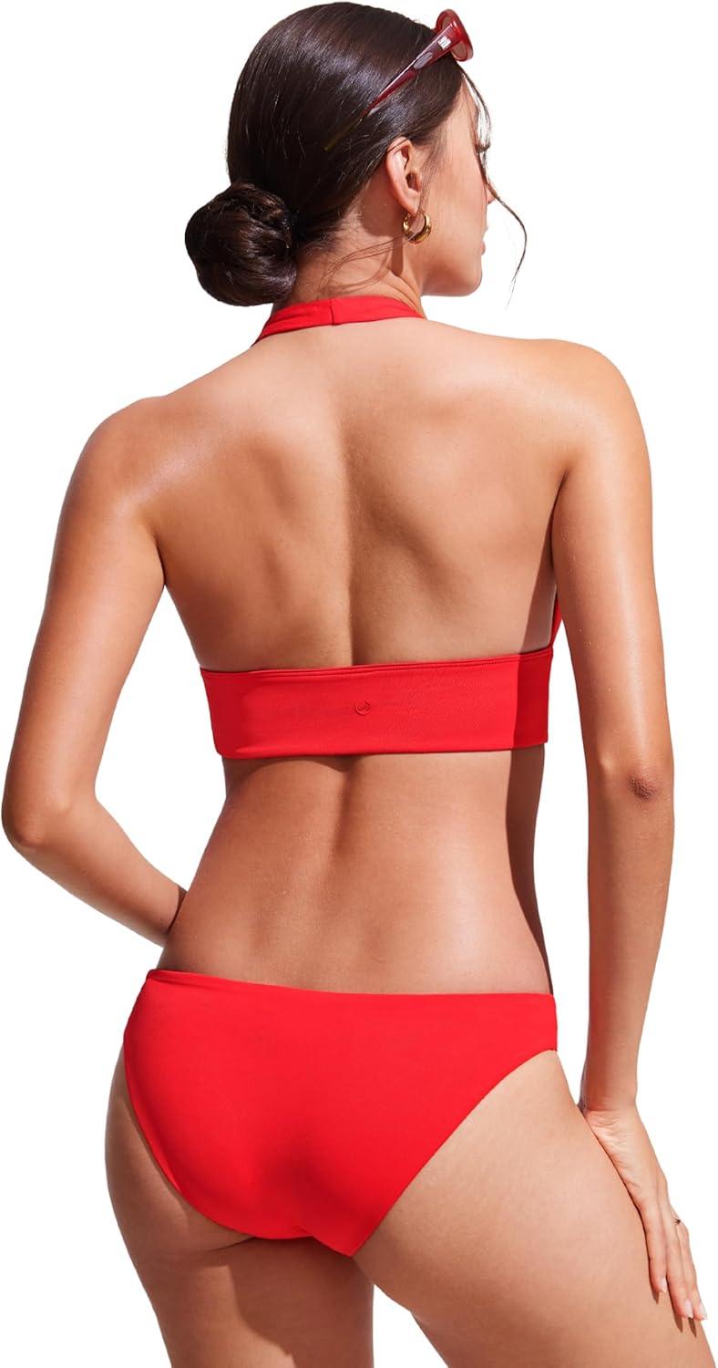 imageCRZ YOGA Womens Halter Bikini Tops V Neck Swim Bathing Suit Sexy Backless Swimsuit PaddedDeep Red
