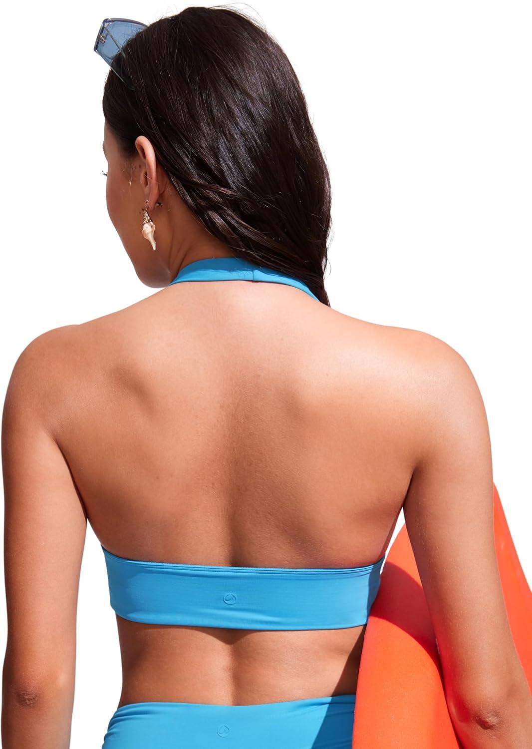 imageCRZ YOGA Womens Halter Bikini Tops V Neck Swim Bathing Suit Sexy Backless Swimsuit PaddedKayak Blue