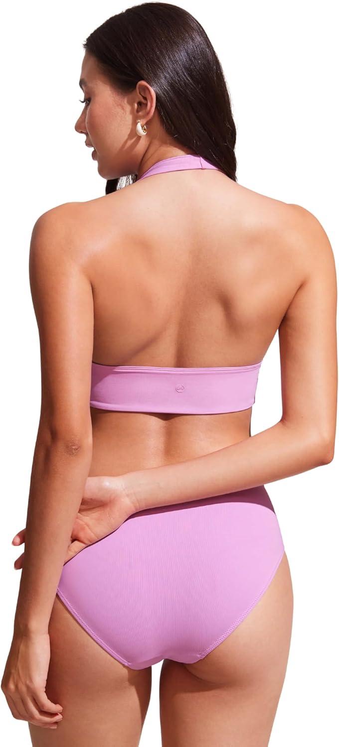 imageCRZ YOGA Womens Halter Bikini Tops V Neck Swim Bathing Suit Sexy Backless Swimsuit PaddedVita Pink