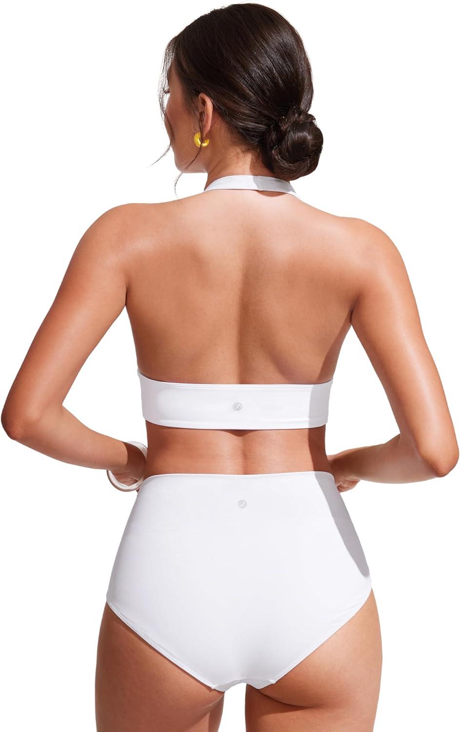 imageCRZ YOGA Womens Halter Bikini Tops V Neck Swim Bathing Suit Sexy Backless Swimsuit PaddedWhite